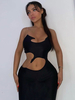 Robe de club une épaule sexy découpée sans manches en polyester irrégulière robe sexy noire