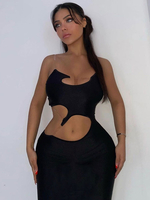 Robe de club une épaule sexy découpée sans manches en polyester irrégulière robe sexy noire