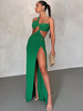 Robe de club verte col asymétrique sans manches en polyester robe sexy à fente haute