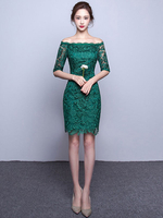 Robe de cocktail 2021 Dentelle au large de l’épaule gaine Robe Illusion demi manchon Mini robe