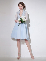 Robe de cocktail A-ligne en chiffon bleu ciel clair à col V Robes pour les invités de mariage Milanoo