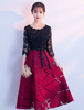 Robe de cocktail bordeaux col rond manche longue laçage sur dos au genou Robe de soirée