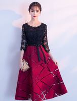 Robe de cocktail bordeaux col rond manche longue laçage sur dos au genou Robe de soirée