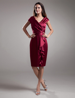 Robe de Cocktail Bourgogne profonde-V volants Satin robe