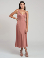 Robe de cocktail brun en satin col V zip sur dos longueur cheville Robe de cérémonie