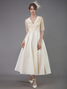 Robe de cocktail champagne en satin col V longueur au mollet demi-manche en dentelle Robe de soirée