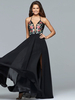 Robe de cocktail noire belle A-ligne-parole longueur illusion décolleté Applique en mousseline de soie sans manches longue robe de soirée