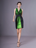 Robe de cocktail plissée en satin vert bicolore à col V Robes pour les invités de mariage Milanoo