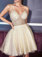 Robe de cocktaille robe de soirée de mariage col V à bretelle au genou