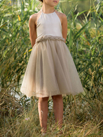 Robe de cortège enfant col rond décolleté noeud sur dos jupe courte en tulle au genou