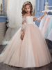 Robe de cortège enfant manche longue transparente jupe évasée longueur au sol Robe de fille de fleur