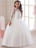 Robe de cortège enfant robe cérémonie fille blanche col rond manche longue en dentelle zip sur dos au sol