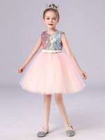 Robe de cortège enfant robe cérémonie fille col rond paillete jupe au genou