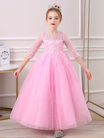 Robe de cortège enfant robe cérémonie fille rose col rond demi manche noeud sur dos à la cheville