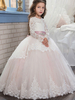 Robe de cortège enfant robe cérémonie fille rose col rond manche longue en dentelle laçage sur dos décoré de noeud au sol