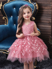 Robe de cortège enfant robe de cérémonie fille rose en tulle col V au genou