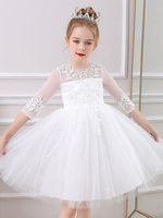 Robe de cortège enfant robe fille cérémonie col rond demi-manche au genou