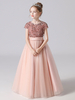 Robe de cortège enfant robe fille cérémonie rose paillete col rond manche courte au sol jupe en tulle noeud sur dos