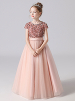 Robe de cortège enfant robe fille cérémonie rose paillete col rond manche courte au sol jupe en tulle noeud sur dos
