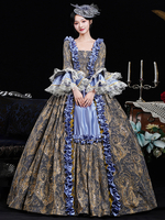 Robe de costume Marie-Antoinette en jacquard de polyester à volants bleu rétro pour femme costume rétro du XVIIIe siècle