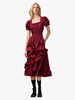 Robe De Costume Plissée Rétro Bordeaux Manches Courtes Col Carré Femme Vintage