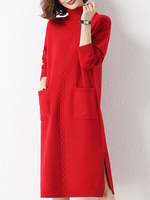Robe de Côtelé Robe Pull Longue Femme à Col Montant avec Manches Longues Unicolore