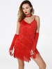 Robe De Danse Latin 2021 Rouge Avec Franges Cloutées Costume De Danse Avec Gant Choker Déguisements Halloween