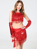 Robe De Danse Latin 2021 Rouge Pailletée Avec Franges En Pu Cuir Top Avec Jupe 3 Pièces Costume De Danse Déguisements Halloween