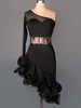 Robe de danse latine Organza une épaule à manches longues semi-transparent volants irréguliers Costume de danse latine avec ceinture Déguisements Halloween