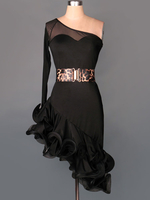 Robe de danse latine Organza une épaule à manches longues semi-transparent volants irréguliers Costume de danse latine avec ceinture Déguisements Halloween