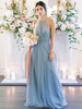 Robe de demoiselle dhonneur A-ligne sans manches col bijou fermeture éclair longueur au sol robe de soirée de mariage bleu