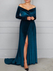 Robe de demoiselle dhonneur avec train col en V manches longues polyester une ligne robe de soirée de mariage bleu marine
