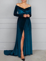 Robe de demoiselle dhonneur avec train col en V manches longues polyester une ligne robe de soirée de mariage bleu marine