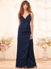 Robe de demoiselle dhonneur col en V sans manches fendu dos nu polyester bleu marine une ligne étage longueur robe de soirée de mariage