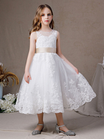 Robe de demoiselle dhonneur en dentelle ivoire sans manches ceinture noeud dos ouvert enfants