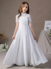 Robe de demoiselle dhonneur en mousseline de soie dentelle col bijou manches courtes Ivoire