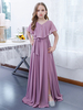 Robe de demoiselle dhonneur en mousseline de soie fendue devant col en V manches courtes lavande