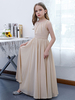 Robe de demoiselle dhonneur en mousseline de soie plissée col bijou sans manches champagne