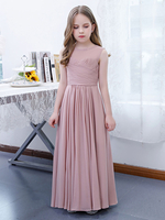 Robe de demoiselle dhonneur en mousseline de soie plissée col bijou sans manches rose lotus