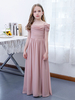 Robe de demoiselle dhonneur en mousseline de soie plissée épaules dénudées manches courtes rose lotus