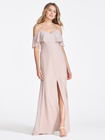Robe de demoiselle dhonneur en mousseline de soie rose épaules dénudées robes longues fendues à volants
