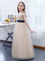 Robe de demoiselle dhonneur fille ceinture pailletée col bijou manches courtes champagne
