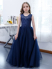 Robe de demoiselle dhonneur fille dentelle dentelle col bijou sans manches bleu marine foncé