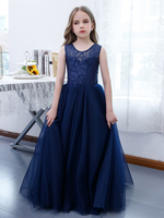 Robe de demoiselle dhonneur fille dentelle dentelle col bijou sans manches bleu marine foncé