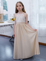Robe de demoiselle dhonneur fille dentelle dentelle col bijou sans manches champagne
