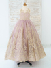 Robe de demoiselle dhonneur fille dentelle perlée col bijou sans manches camée rose