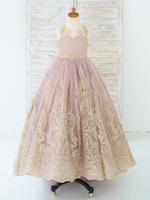 Robe de demoiselle dhonneur fille dentelle perlée col bijou sans manches camée rose