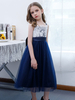 Robe de demoiselle dhonneur fille en mousseline de soie dentelle col carré sans manches bleu marine foncé