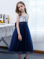 Robe de demoiselle dhonneur fille en mousseline de soie dentelle col carré sans manches bleu marine foncé