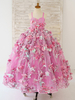 Robe de demoiselle dhonneur fille fleurs jacquard décolleté en cœur sans manches rose